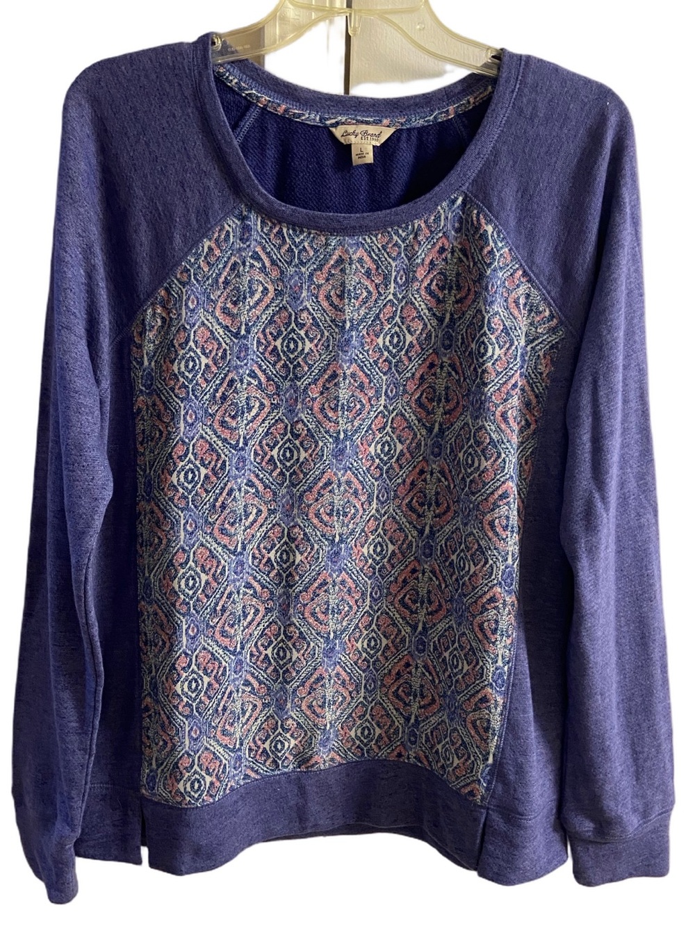 Lucky Brand Heather Navy Geometric Tile Pattern Panel Raglan Sweatshirt Top L
